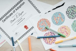 electrical certification documents on desk with blueprint background